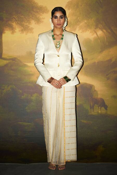 Buy_Zwaan_Ivory Maheshwari, Nayar Plunging V Neck Blazer With Glittery Striped Skirt _Online_at_Aza_Fashions