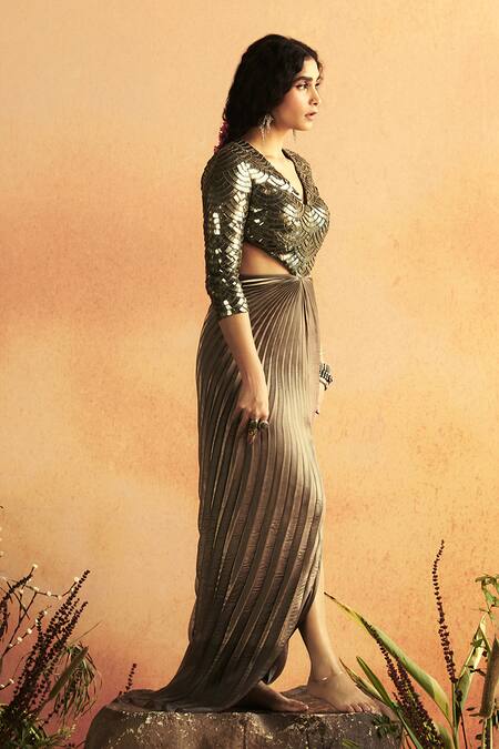 Shop_Zwaan_Grey Organza, Satin Embroidery V-neck Netra Nalki Embellished Bodice Draped Gown _Online_at_Aza_Fashions