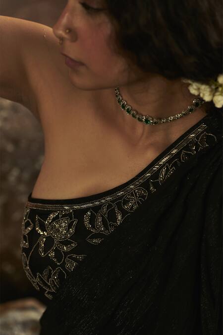 Shop_Zwaan_Black Chiffon, Satin Embroidery One Shoulder Padmini Embellished Draped Gown _Online_at_Aza_Fashions