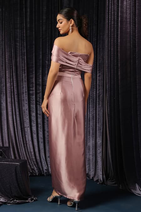 Shop B'Infinite Pink Satin Off-shoulder Draped Corset Top With Skirt at Aza Fashions Shop_B'Infinite_Pink Satin Off-shoulder Draped Corset Top With Skirt _at_Aza_Fashions