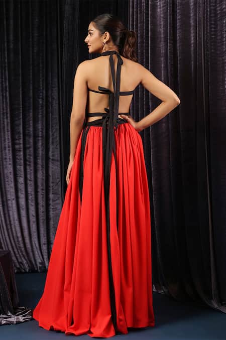 Shop_B'Infinite_Red Satin Plain V-neck Eclipse Accent Gown _at_Aza_Fashions