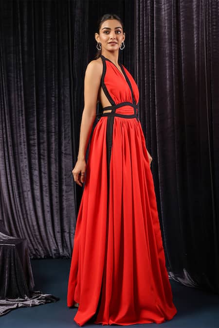 Buy_B'Infinite_Red Satin Plain V-neck Eclipse Accent Gown _Online_at_Aza_Fashions