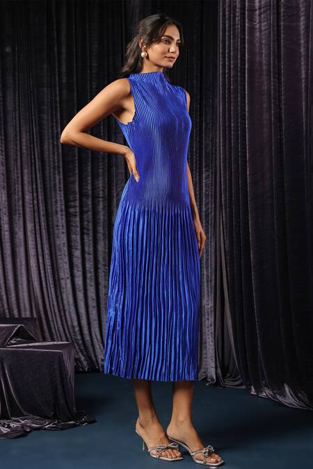 Shop B'Infinite Blue Lycra High Neck Pleated Midi Dress Online at Aza Fashions Shop_B'Infinite_Blue Lycra High Neck Pleated Midi Dress _Online_at_Aza_Fashions