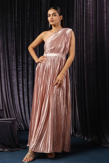 B'Infinite Classic Metallic Pleated One-Shoulder Gown For Kids