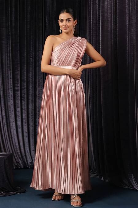 B'Infinite Pink Satin One Shoulder Classic Metallic Pleated Gown Online at Aza Fashions B'Infinite_Pink Satin One Shoulder Classic Metallic Pleated Gown_Online_at_Aza_Fashions