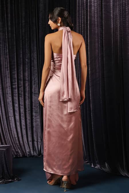 Shop_B'Infinite_Pink Velvet Halter Neck Draped Asymmetrical Gown _at_Aza_Fashions