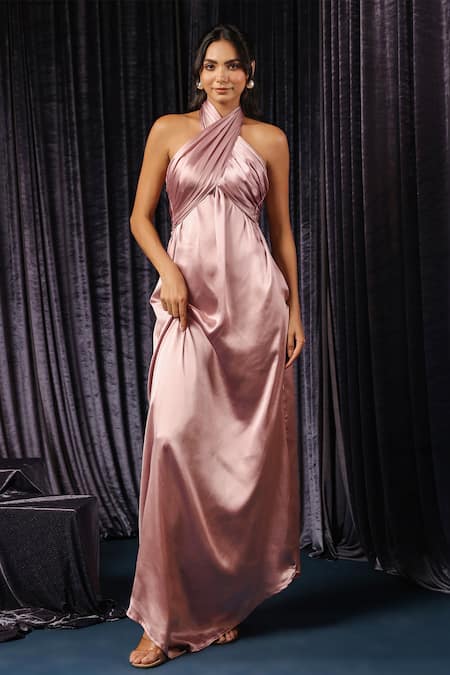 B'Infinite_Pink Velvet Halter Neck Draped Asymmetrical Gown _Online_at_Aza_Fashions