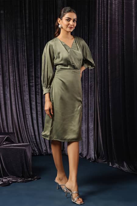 B'Infinite_Green Velvet V-neck Draped Slit Midi Dress _Online_at_Aza_Fashions