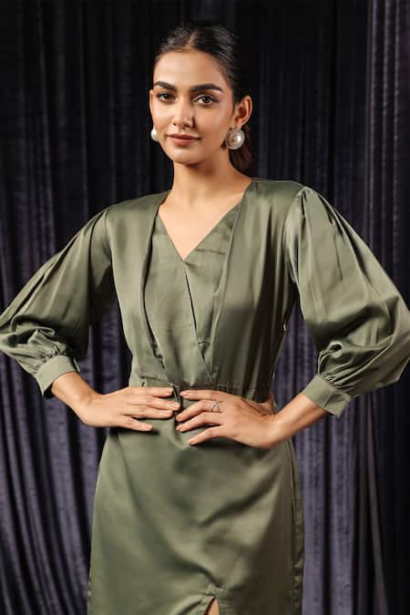 Shop_B'Infinite_Green Velvet V-neck Draped Slit Midi Dress _Online_at_Aza_Fashions