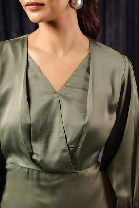 B'Infinite_Green Velvet V-neck Draped Slit Midi Dress _at_Aza_Fashions