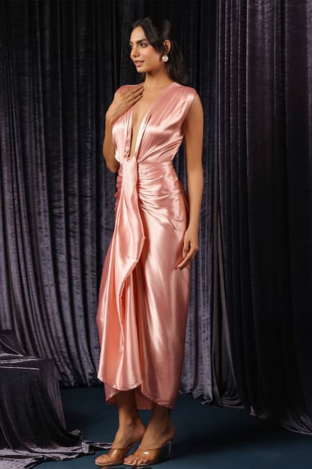 Buy_B'Infinite_Pink Velvet Plunge Neck Metallic Draped Dress _Online_at_Aza_Fashions