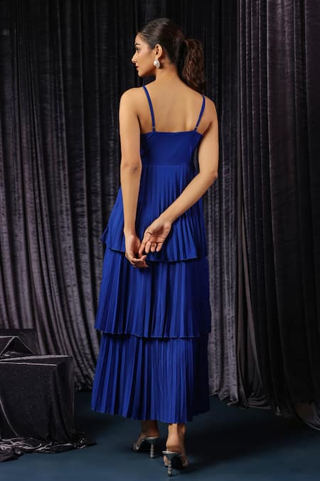 Shop B'Infinite Blue Lycra Pleated Tiered Midi Dress For Kids at Aza Fashions Shop_B'Infinite_Blue Lycra Pleated Tiered Midi Dress For Kids_at_Aza_Fashions