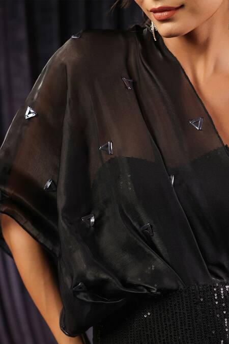 Buy_B'Infinite_Black Lycra Sequins One Shoulder Eclipse Dazzling Drape Off Gown 