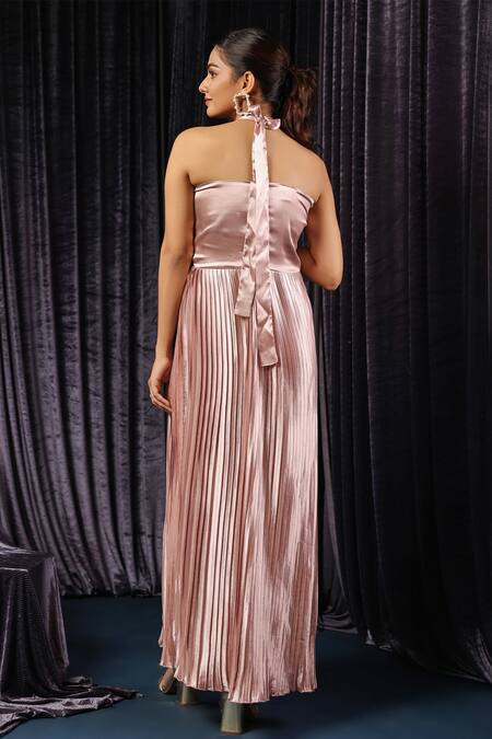 Shop B'Infinite Pink Lycra Sequins Halter Neck Classic Metallic Pleated Dress at Aza Fashions Shop_B'Infinite_Pink Lycra Sequins Halter Neck Classic Metallic Pleated Dress_at_Aza_Fashions
