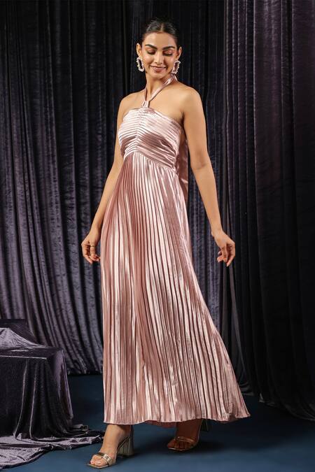 B'Infinite Pink Lycra Sequins Halter Neck Classic Metallic Pleated Dress Online at Aza Fashions B'Infinite_Pink Lycra Sequins Halter Neck Classic Metallic Pleated Dress_Online_at_Aza_Fashions