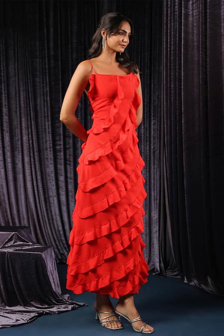Buy_B'Infinite_Red Satin Square Neck Veil Shoulder Straps Ruffled Midi Dress _Online_at_Aza_Fashions