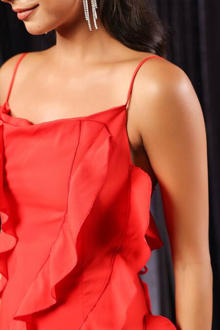 Buy_B'Infinite_Red Satin Square Neck Veil Shoulder Straps Ruffled Midi Dress 