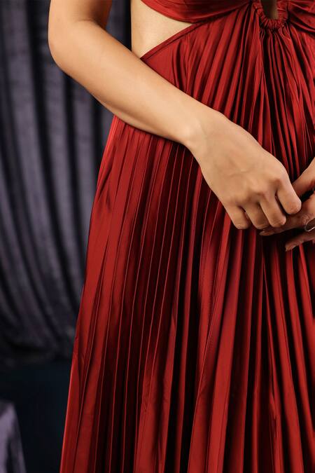 B'Infinite_Maroon Satin Plunge Neck Garnet Pleated Cutout Gown _at_Aza_Fashions