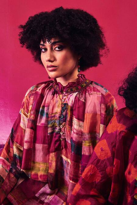 Capisvirleo_Fuchsia Silk Ruffles, Embroidery, Patchwork Round Tarini Tunic With Dhoti Pant _Online_at_Aza_Fashions