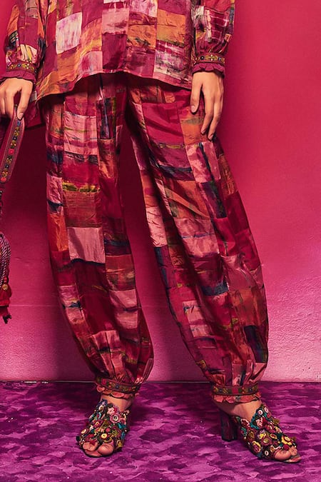 Buy_Capisvirleo_Fuchsia Silk Ruffles, Embroidery, Patchwork Round Tarini Tunic With Dhoti Pant _Online_at_Aza_Fashions