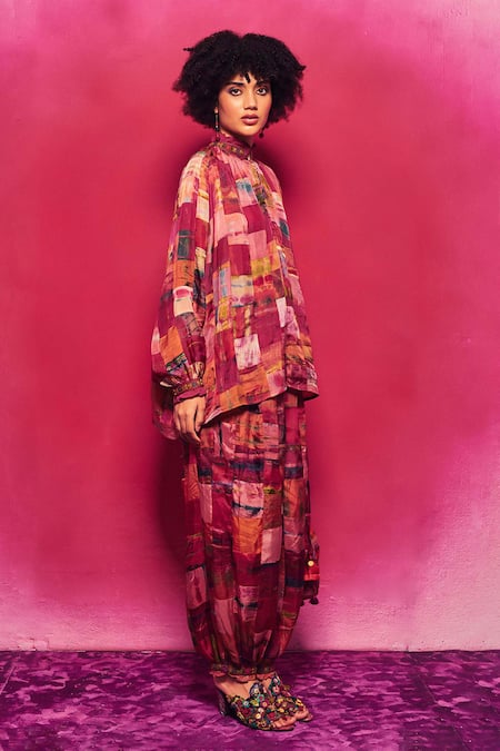 Shop_Capisvirleo_Fuchsia Silk Ruffles, Embroidery, Patchwork Round Tarini Tunic With Dhoti Pant _Online_at_Aza_Fashions