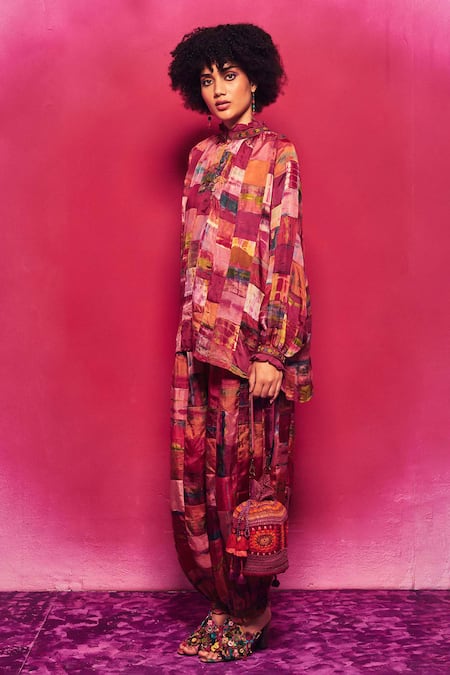 Capisvirleo_Fuchsia Silk Ruffles, Embroidery, Patchwork Round Tarini Tunic With Dhoti Pant _at_Aza_Fashions