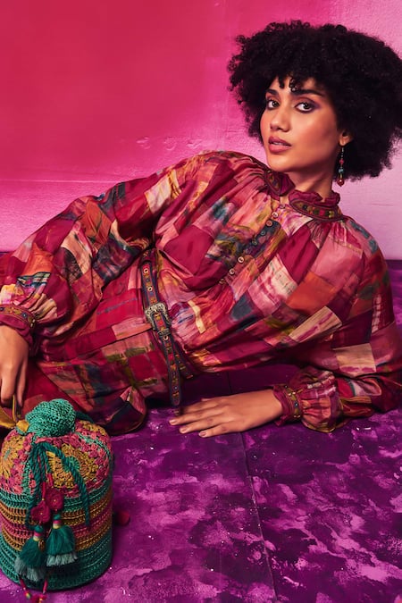 Buy_Capisvirleo_Fuchsia Silk Ruffles, Embroidery, Patchwork Round Tarini Tunic With Dhoti Pant 