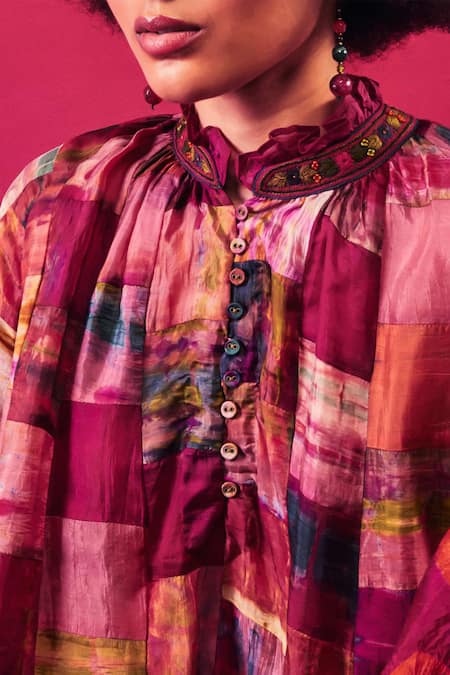 Capisvirleo_Fuchsia Silk Patchwork Tarini Work Long Top _Online_at_Aza_Fashions