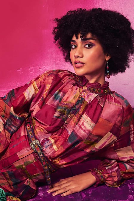 Capisvirleo_Fuchsia Silk Patchwork Tarini Work Long Top _at_Aza_Fashions