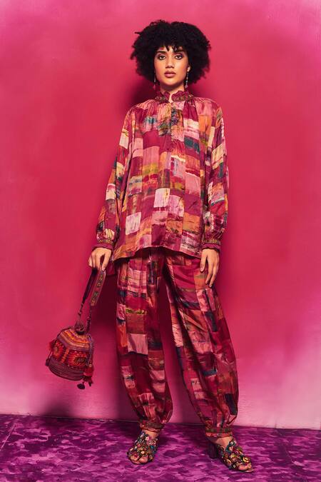 CAPISVIRLEO_Fuchsia Silk Embroidery, Patchwork Anvika Work Dhoti Pant _Online_at_Aza_Fashions