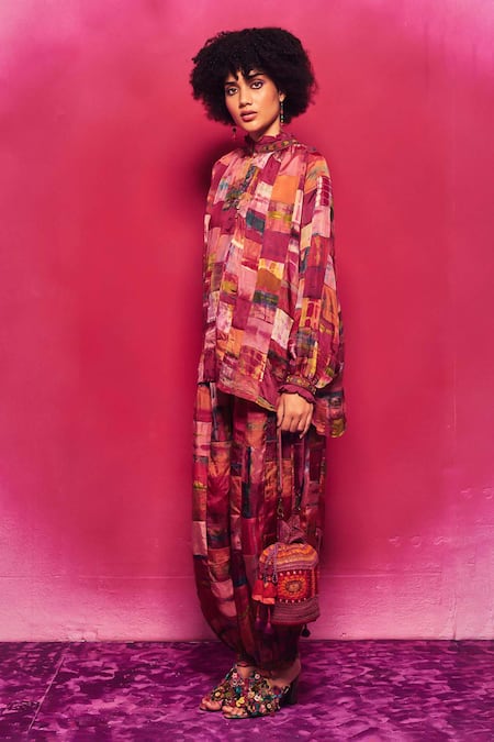 Shop_CAPISVIRLEO_Fuchsia Silk Embroidery, Patchwork Anvika Work Dhoti Pant _Online_at_Aza_Fashions