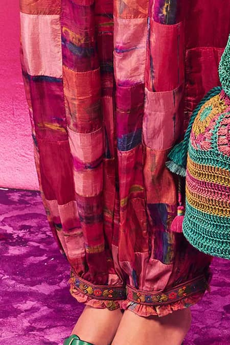 CAPISVIRLEO_Fuchsia Silk Embroidery, Patchwork Anvika Work Dhoti Pant _at_Aza_Fashions