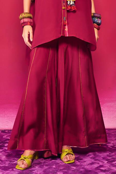 Buy_Capisvirleo_Fuchsia Silk Embroidery, Tassels Collared Meera Aari Shirt And Sharara Set _Online_at_Aza_Fashions