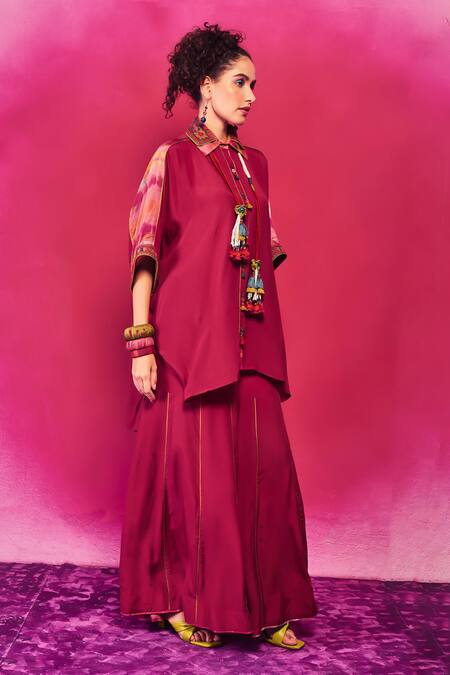 Shop_Capisvirleo_Fuchsia Silk Embroidery, Tassels Collared Meera Aari Shirt And Sharara Set _Online_at_Aza_Fashions