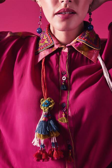 Buy_Capisvirleo_Fuchsia Silk Embroidery, Tassels Collared Meera Aari Shirt And Sharara Set 