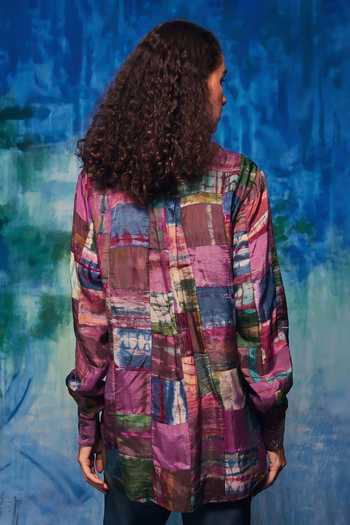Shop CAPISVIRLEO Multi Color Silk Embroidery, Patchwork Collared Mehar Shirt at Aza Fashions Shop_CAPISVIRLEO_Multi Color Silk Embroidery, Patchwork Collared Mehar Shirt _at_Aza_Fashions