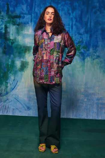 CAPISVIRLEO Multi Color Silk Embroidery, Patchwork Collared Mehar Shirt Online at Aza Fashions CAPISVIRLEO_Multi Color Silk Embroidery, Patchwork Collared Mehar Shirt _Online_at_Aza_Fashions