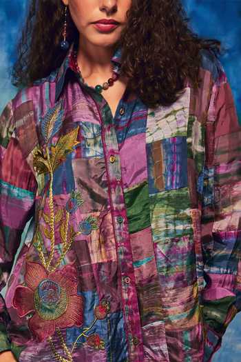 Shop CAPISVIRLEO Multi Color Silk Embroidery, Patchwork Collared Mehar Shirt Online at Aza Fashions Shop_CAPISVIRLEO_Multi Color Silk Embroidery, Patchwork Collared Mehar Shirt _Online_at_Aza_Fashions