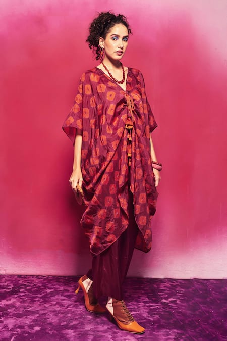 Capisvirleo_Fuchsia Silk Tassels V-neck Shibori Coco Kaftan And Pant Set _Online_at_Aza_Fashions