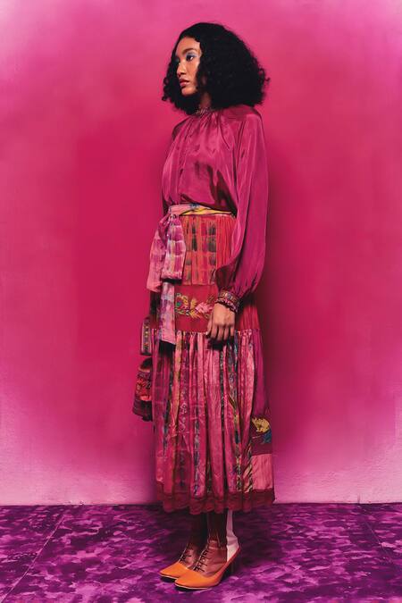 CAPISVIRLEO_Fuchsia Silk Embroidery, Patchwork Amala Skirt _Online_at_Aza_Fashions