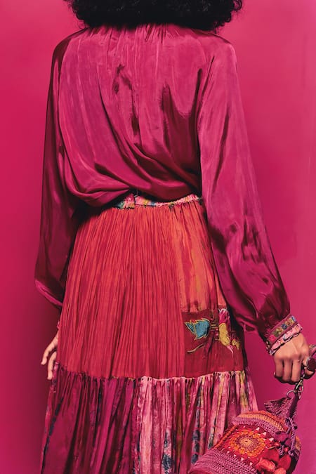 Buy_CAPISVIRLEO_Fuchsia Silk Embroidery, Patchwork Amala Skirt _Online_at_Aza_Fashions