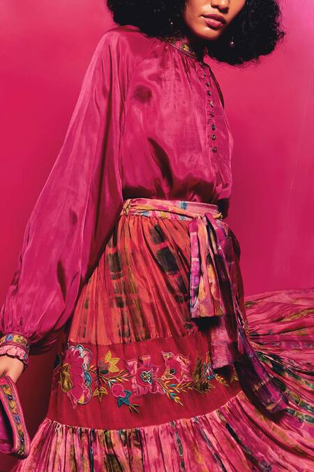 Shop_CAPISVIRLEO_Fuchsia Silk Embroidery, Patchwork Amala Skirt _Online_at_Aza_Fashions