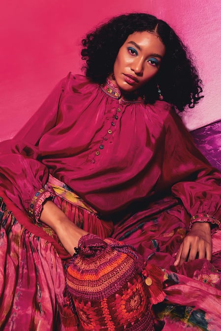 CAPISVIRLEO_Fuchsia Silk Embroidery, Patchwork Amala Skirt _at_Aza_Fashions