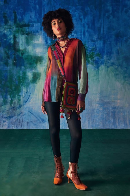 Buy_CAPISVIRLEO_Multi Color Chanderi Patchwork Collared Zoya Gradient Panelled Shirt _Online_at_Aza_Fashions