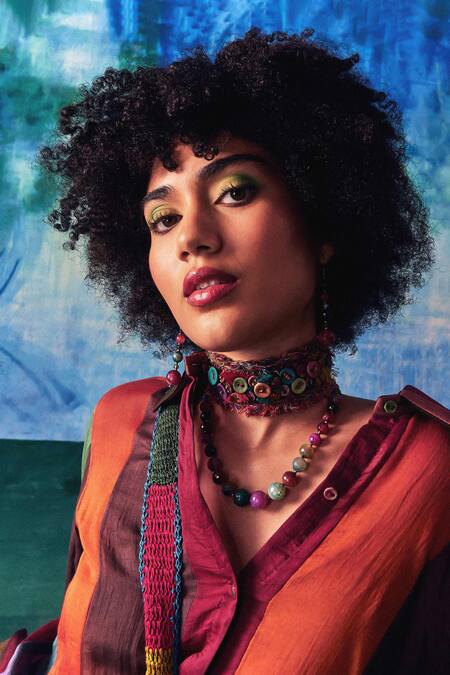 Shop_CAPISVIRLEO_Multi Color Chanderi Patchwork Collared Zoya Gradient Panelled Shirt _Online_at_Aza_Fashions