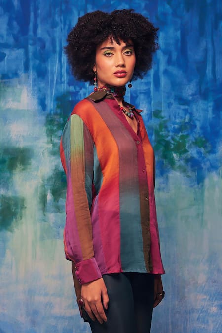 CAPISVIRLEO_Multi Color Chanderi Patchwork Collared Zoya Gradient Panelled Shirt _at_Aza_Fashions