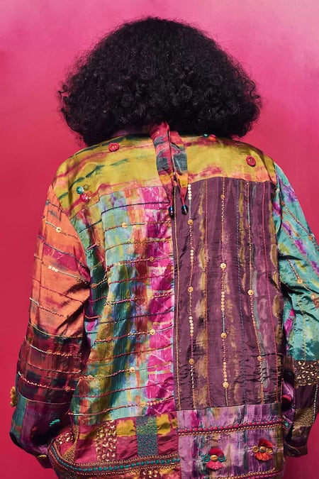 Shop Capisvirleo Multi Color Silk Embroidery, Patchwork Collared Turfa Shirt at Aza Fashions Shop_Capisvirleo_Multi Color Silk Embroidery, Patchwork Collared Turfa Shirt _at_Aza_Fashions