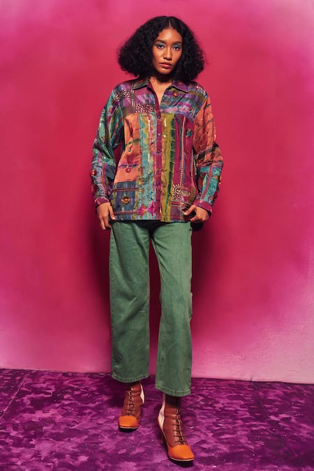 Capisvirleo Multi Color Silk Embroidery, Patchwork Collared Turfa Shirt Online at Aza Fashions Capisvirleo_Multi Color Silk Embroidery, Patchwork Collared Turfa Shirt _Online_at_Aza_Fashions