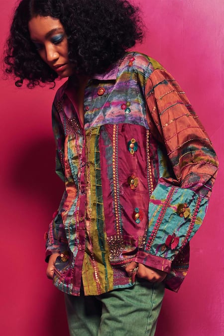 Shop Capisvirleo Multi Color Silk Embroidery, Patchwork Collared Turfa Shirt Online at Aza Fashions Shop_Capisvirleo_Multi Color Silk Embroidery, Patchwork Collared Turfa Shirt _Online_at_Aza_Fashions