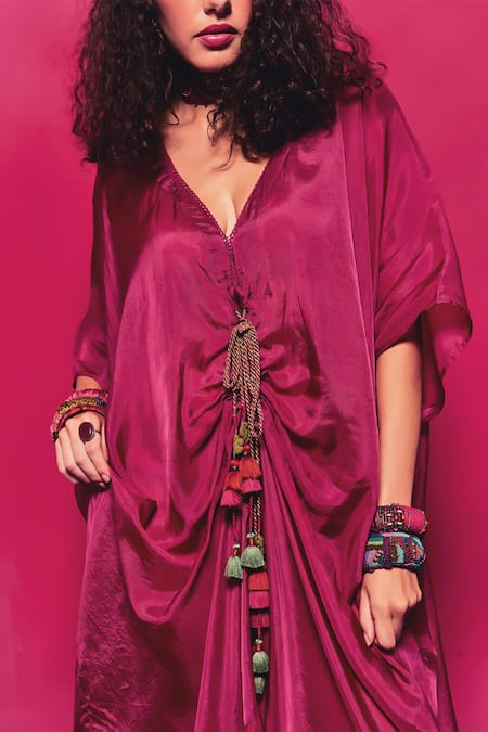 Shop_Capisvirleo_Fuchsia Silk Tassels V-neck Coco Solid Kaftan With Pant _Online_at_Aza_Fashions